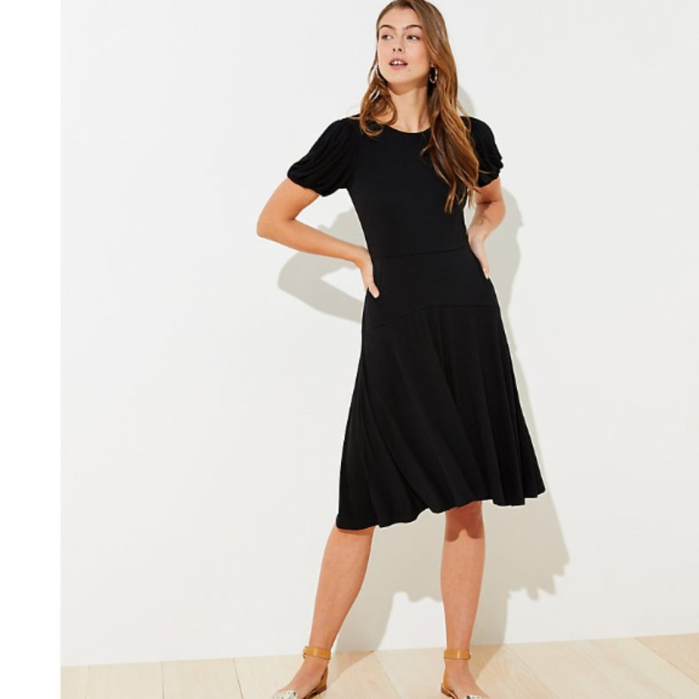 LOFT Black Midi Dress with Puff Sleeves